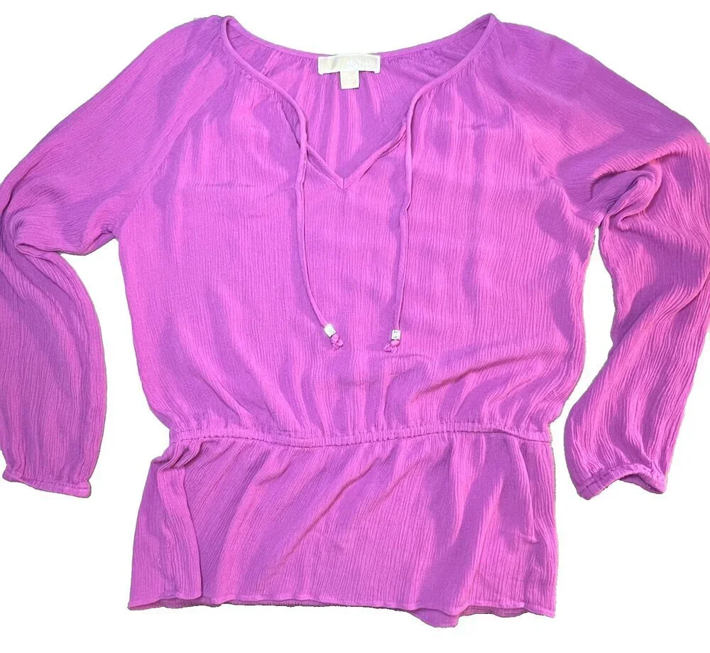 Michael Kors - Blouse Women's Size 6 Pink Rippled Keyhole Neck Ruffle Band Waist
